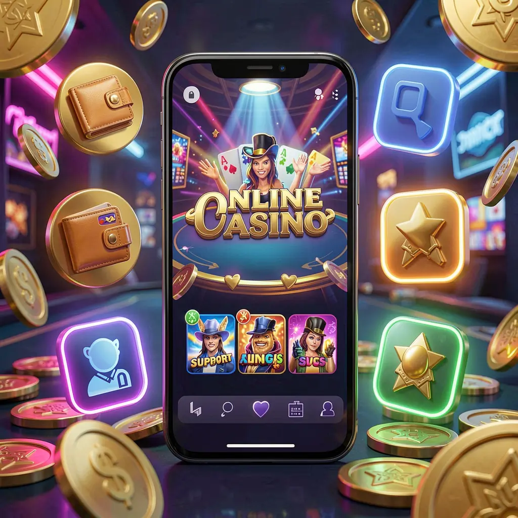 NKJILLI online casino app displayed on a smartphone surrounded by icons for wallet, games, support, and rewards, with golden coins and neon lights in a luxury 3D render