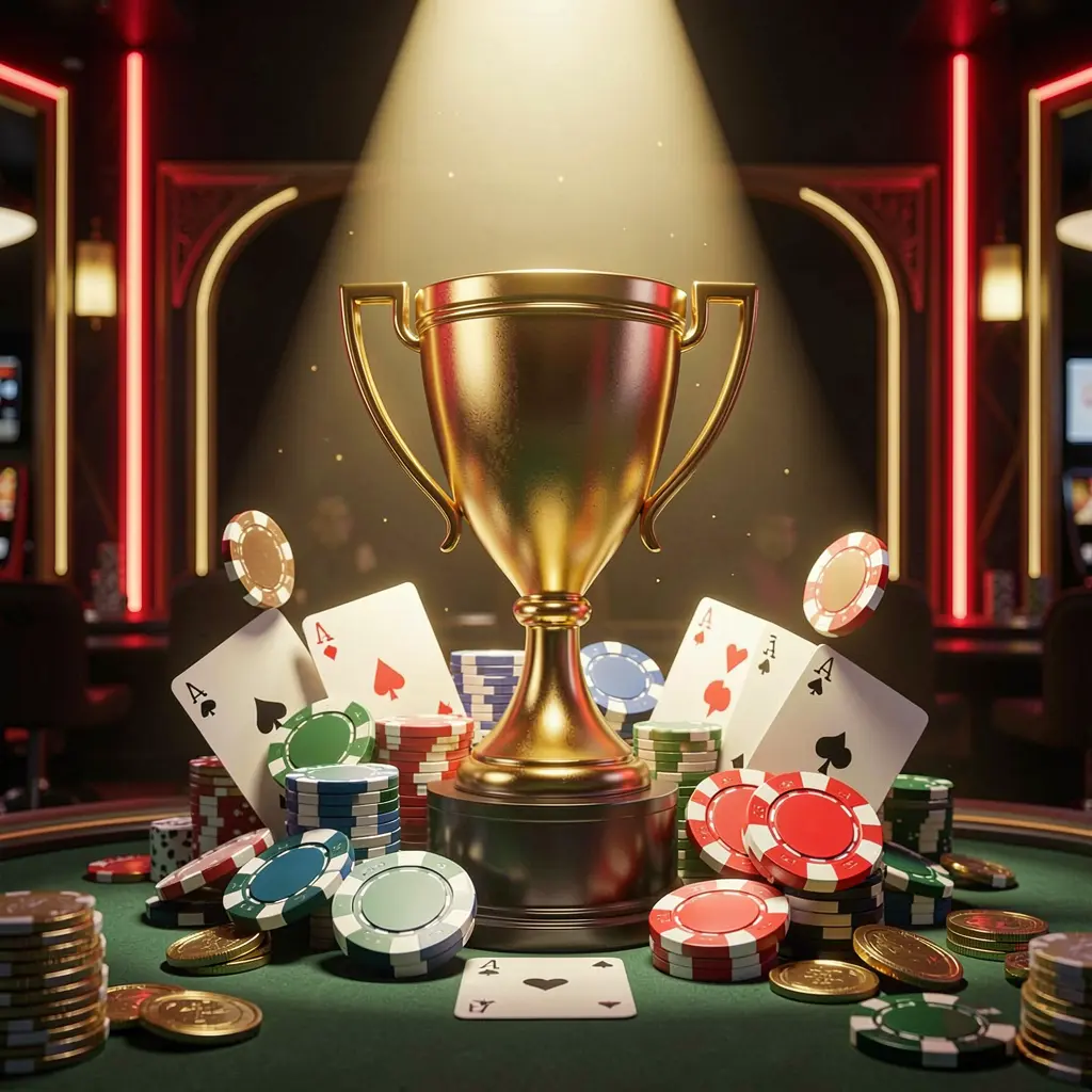 NKJILLI casino tournament bonus concept featuring a golden trophy surrounded by poker chips, playing cards, and coins under a bright spotlight in a competitive luxury casino atmosphere with dark background and red and gold neon accents
