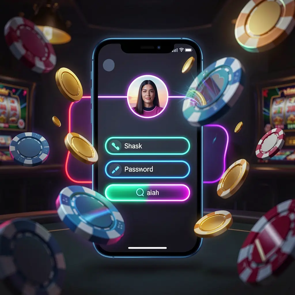NKJILLI mobile casino login screen on a phone with abstract neon UI shapes for user profile and password fields, surrounded by flying chips and coins in a dark premium casino atmosphere
