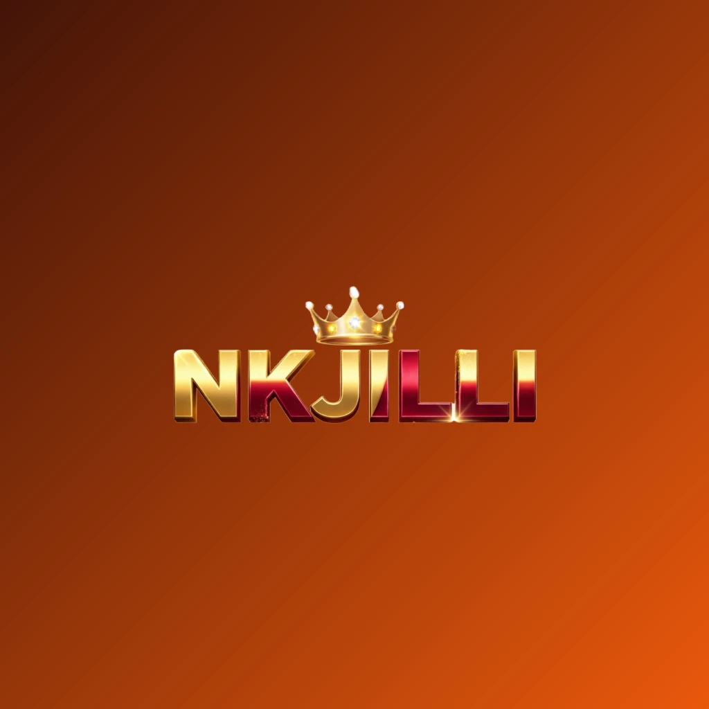 NKJILLI casino-style logo with massive bold gold and crimson lettering, glowing crown, and sparkling light effects on a transparent background