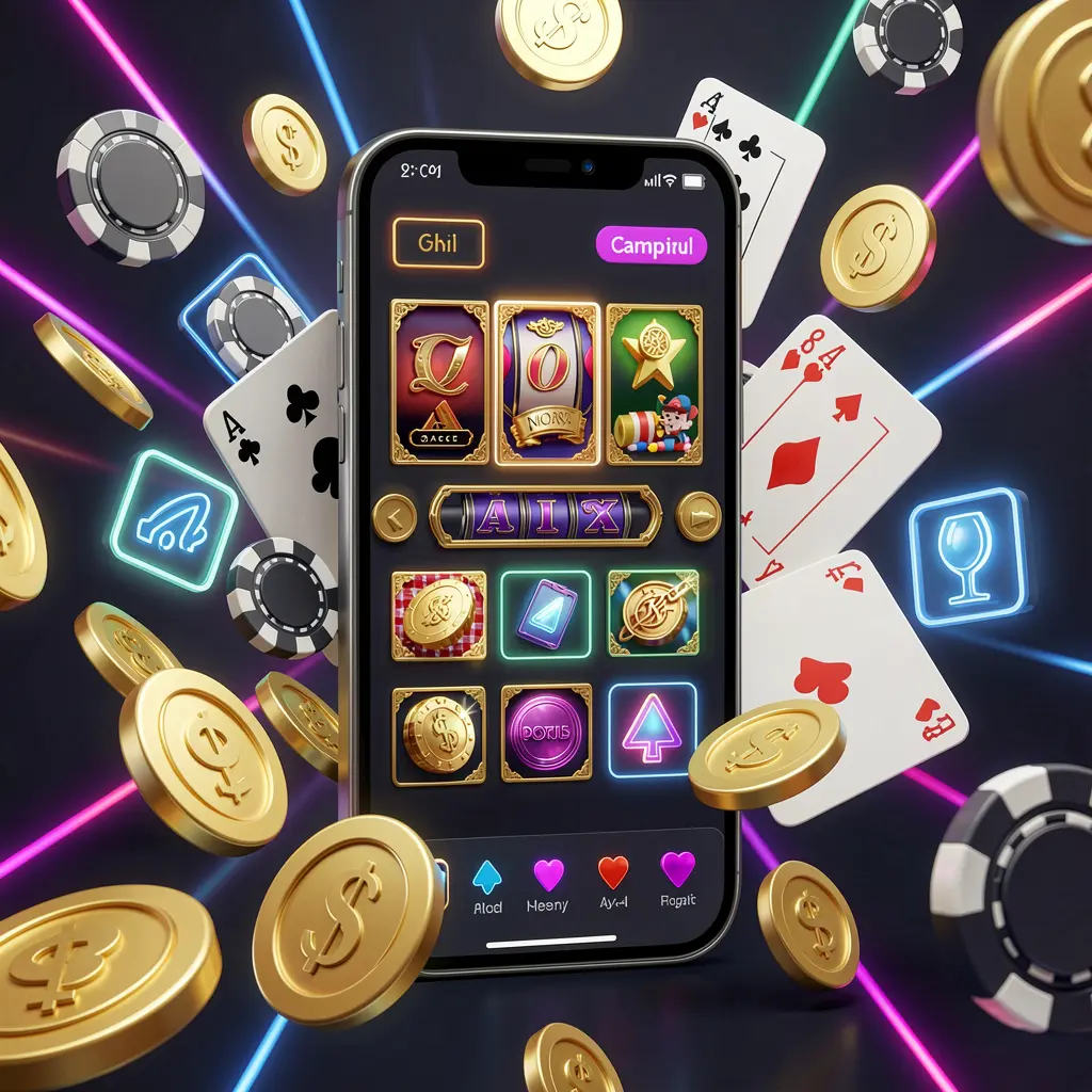 NKJILLI mobile casino homepage concept featuring a smartphone surrounded by golden coins, chips, cards, and glowing icons on a modern dark background with neon accents